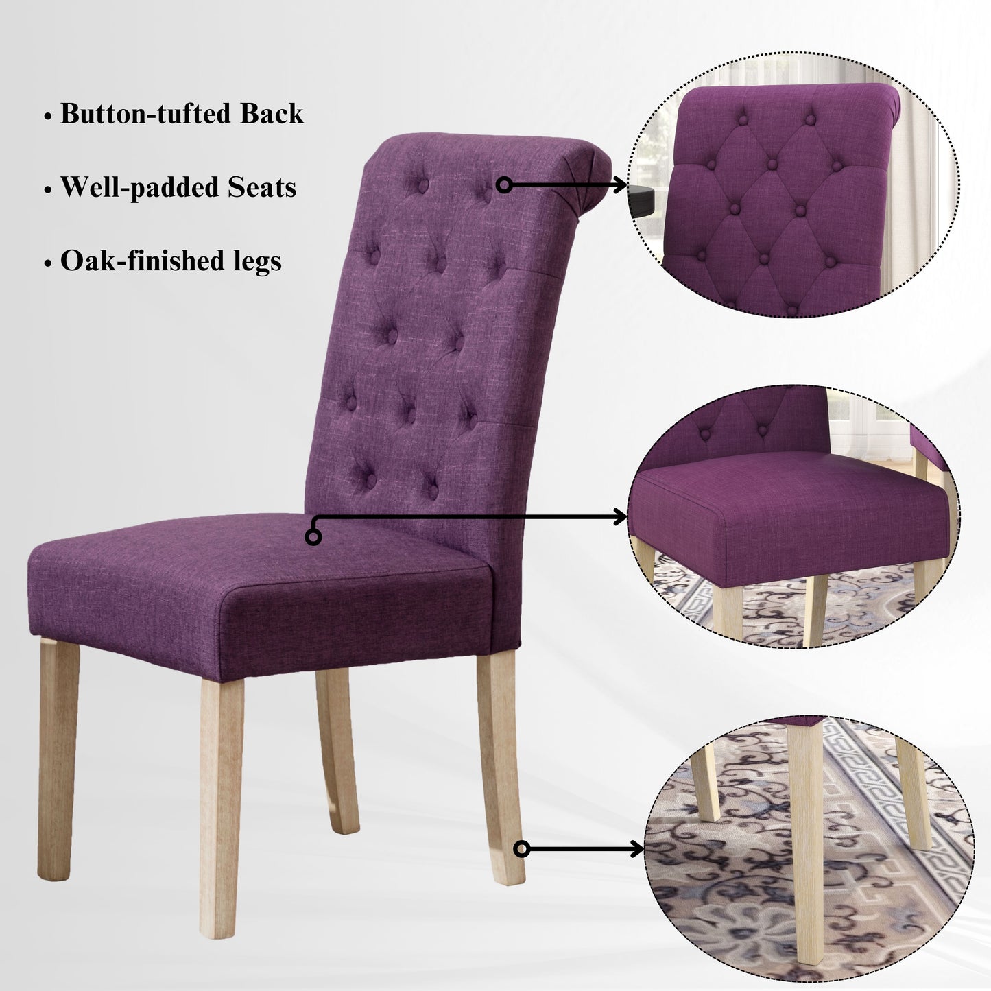 Purple upholstered dining chair with buttontufted back and oak legs