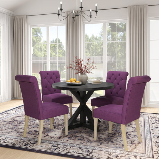 Purple upholstered tufted dining chair with light wood legs