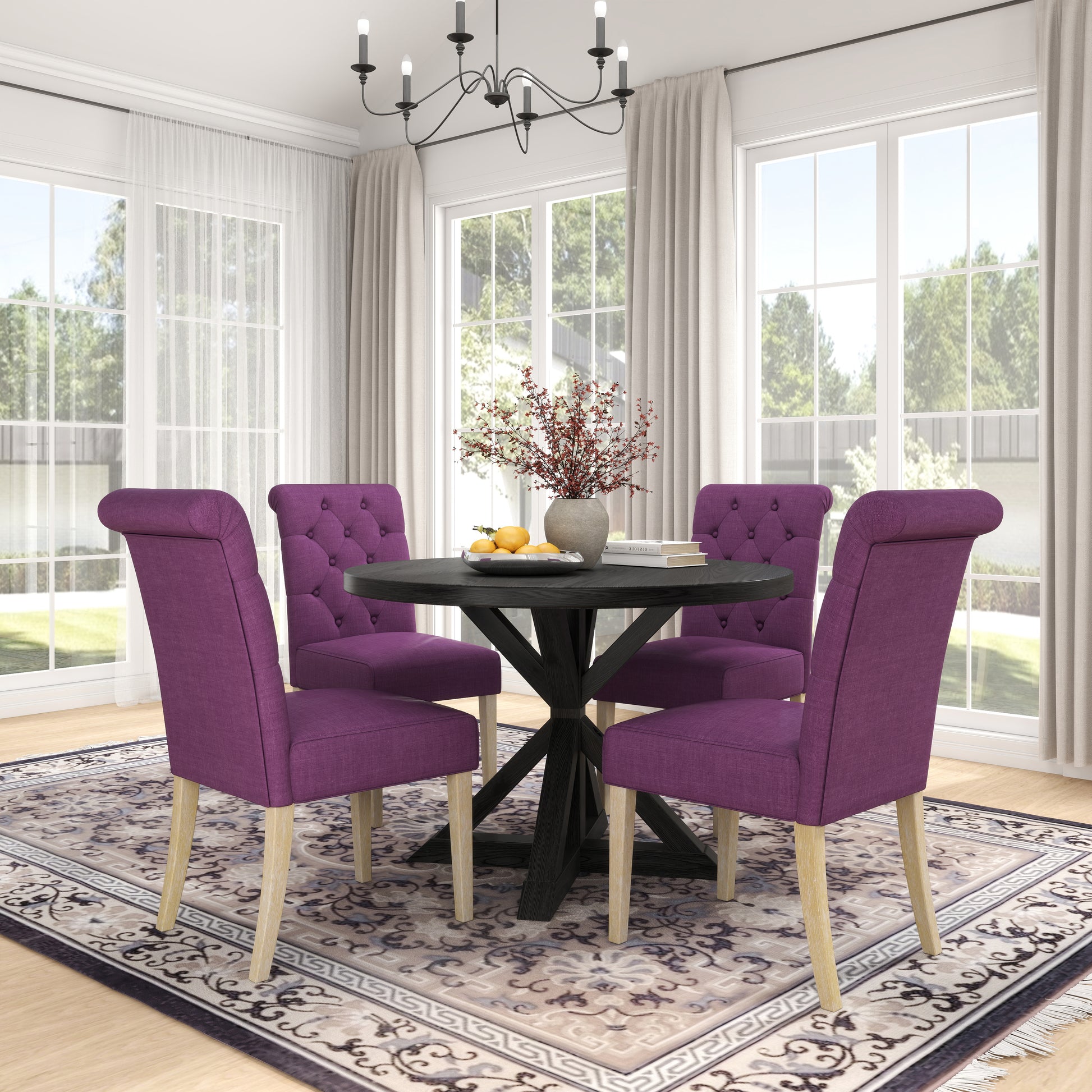 Tufted purple dining chair with light wood legs and button tufting