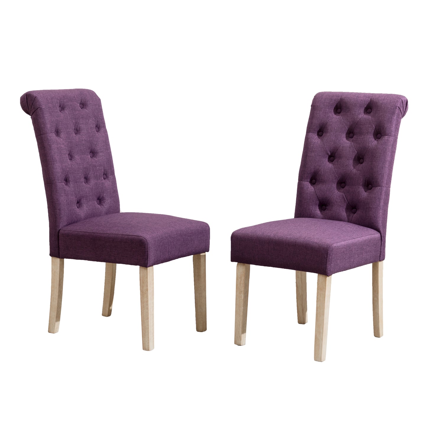 Tufted purple fabric dining chair with wooden legs