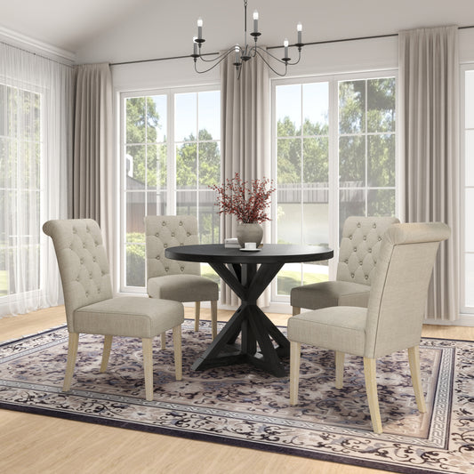 Tufted beige upholstered dining chair with light wood legs