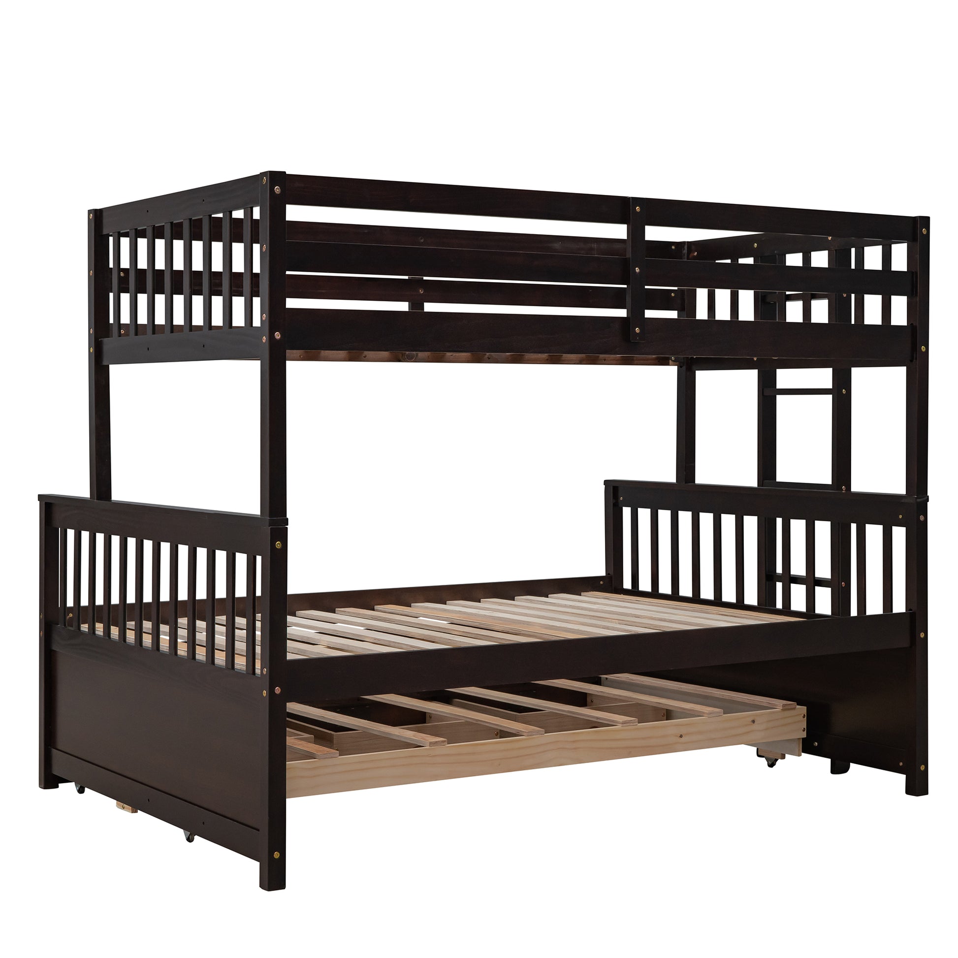 Dark brown wooden triple bunk bed with pullout trundle