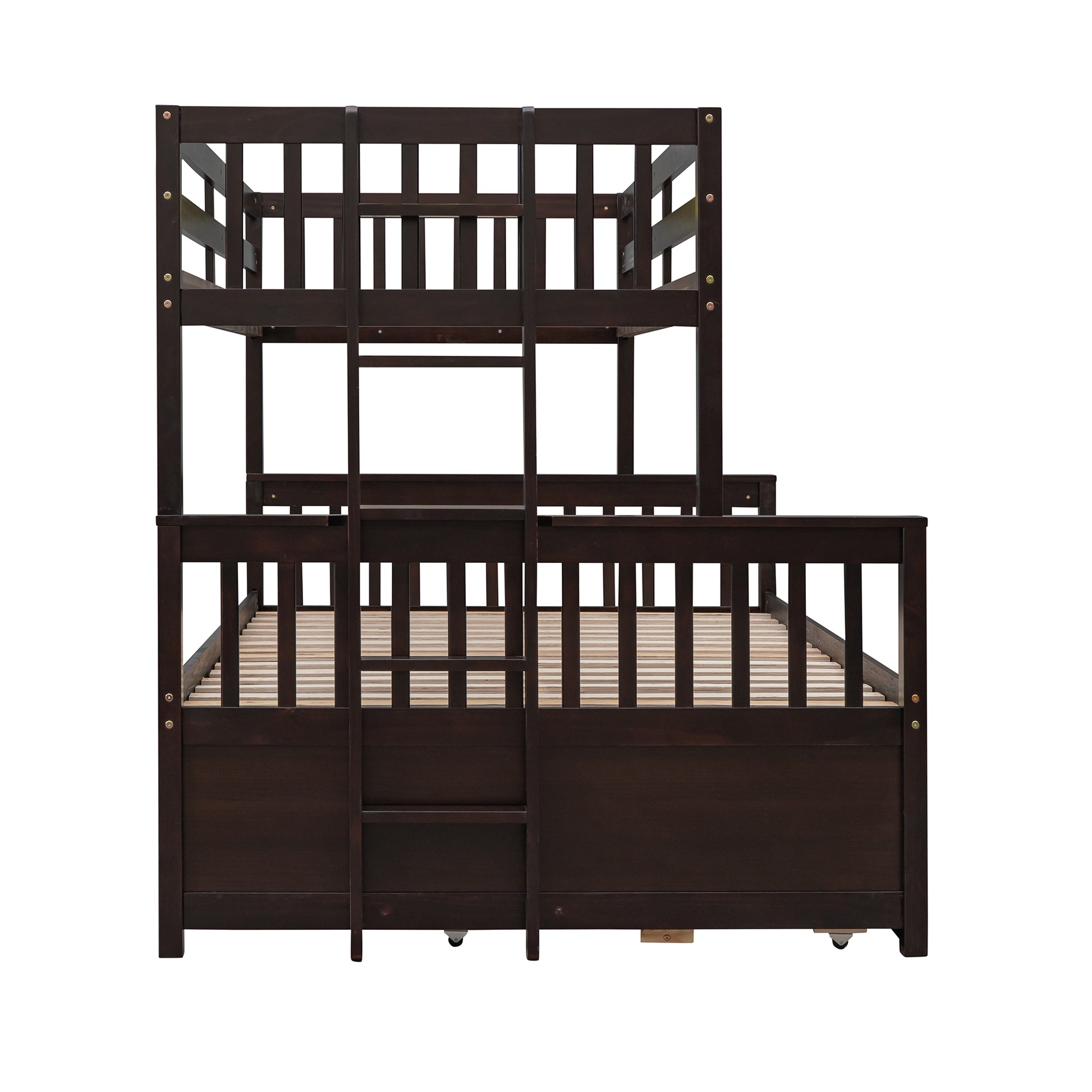 Dark brown wooden bunk bed with ladder and slat support for two mattresses