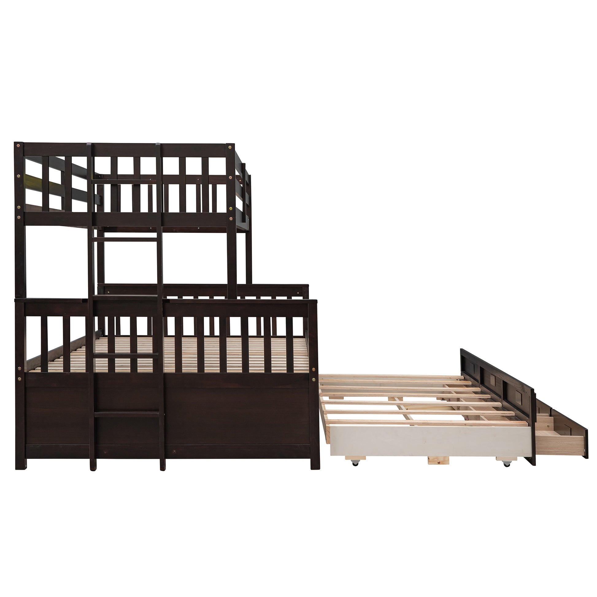 Dark brown wooden triple bunk bed with pullout trundle