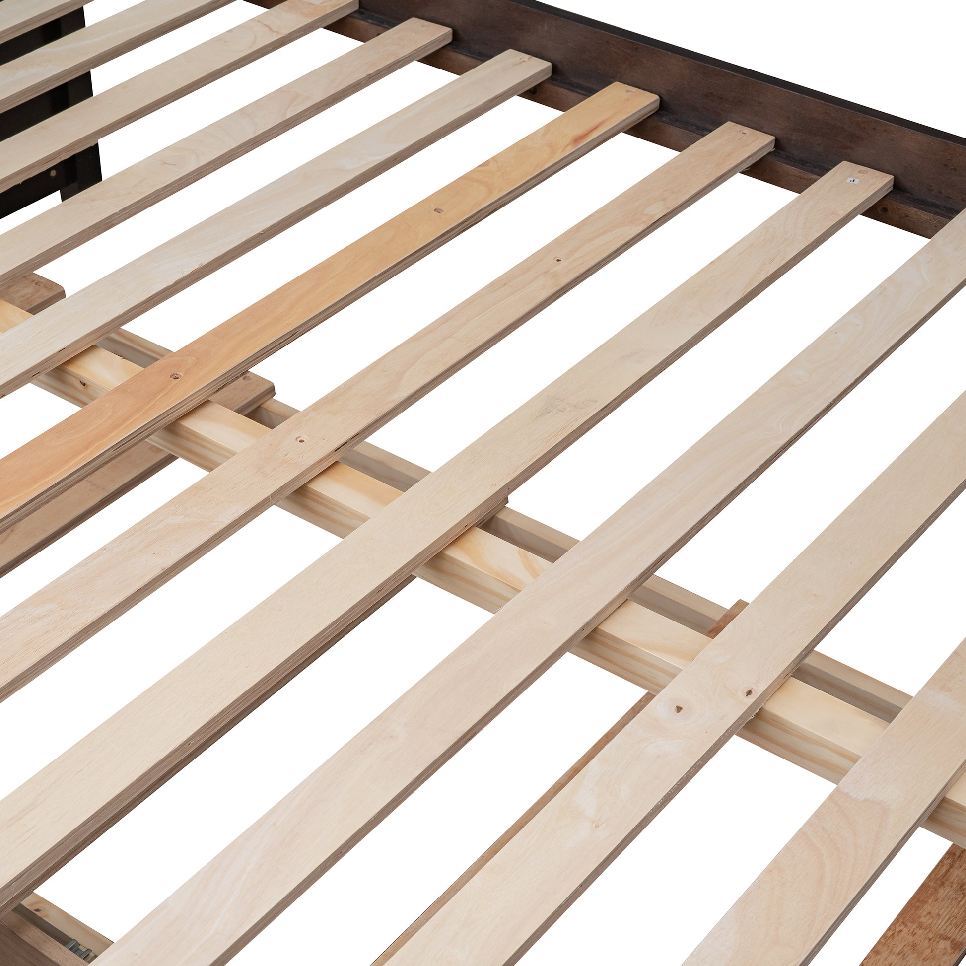 Close up of wooden slats supporting a platform bed frame