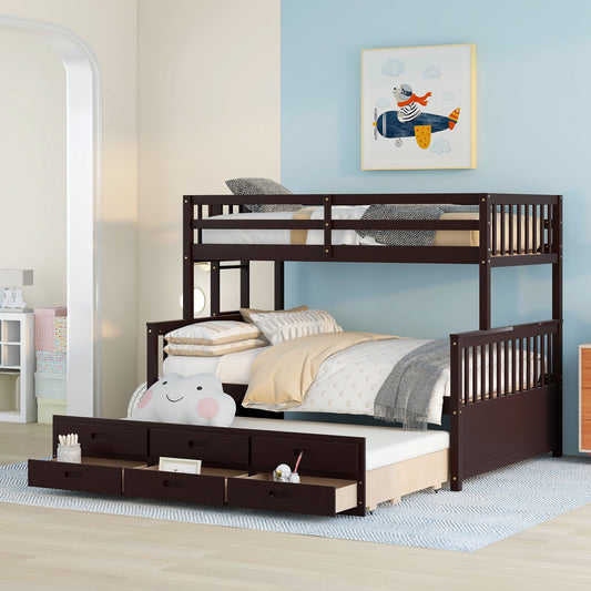Dark brown wood triple bunk bed with trundle and storage drawers
