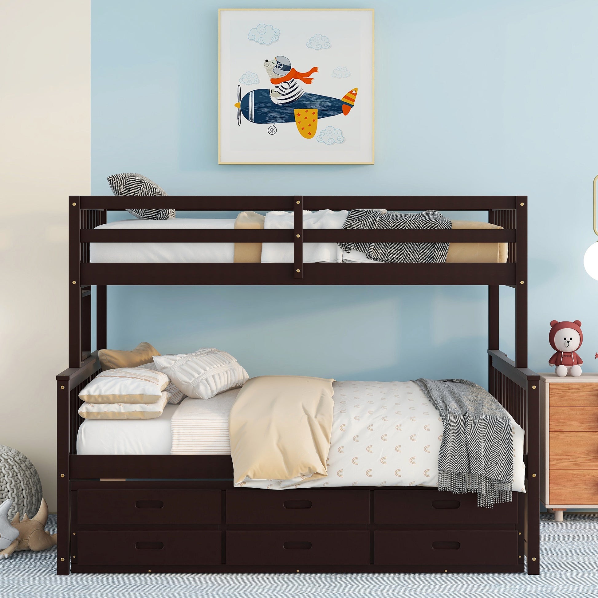 Dark brown wood twin over twin bunk bed with storage drawers