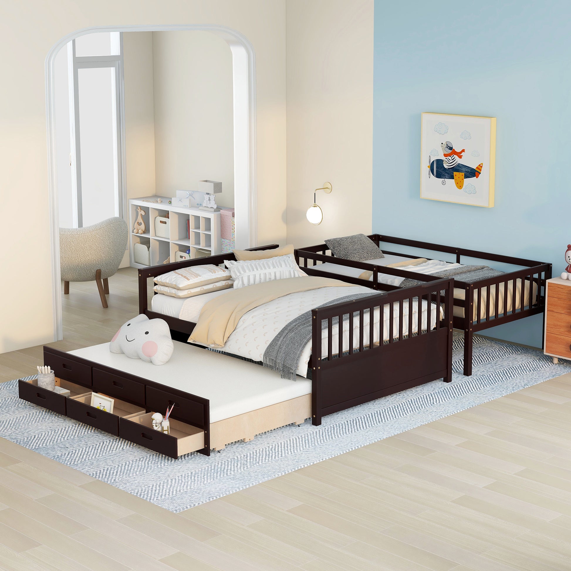 Dark brown wooden daybed with three beds and storage drawers