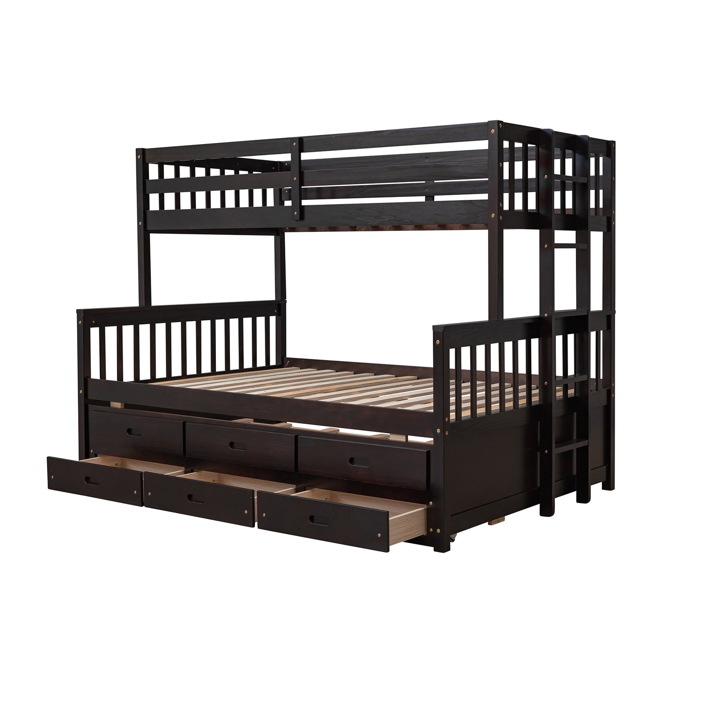 Dark brown wooden triple bunk bed with drawers