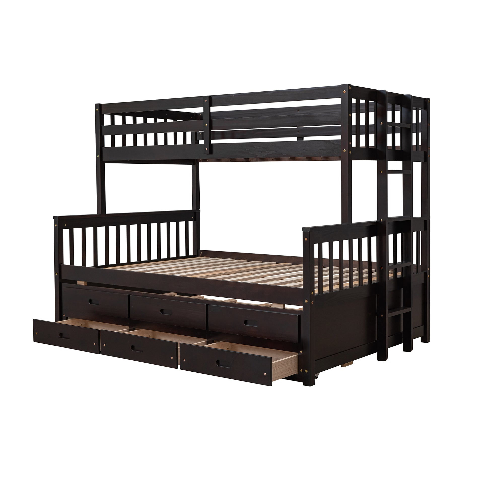 Dark brown wooden triple bunk bed with drawers