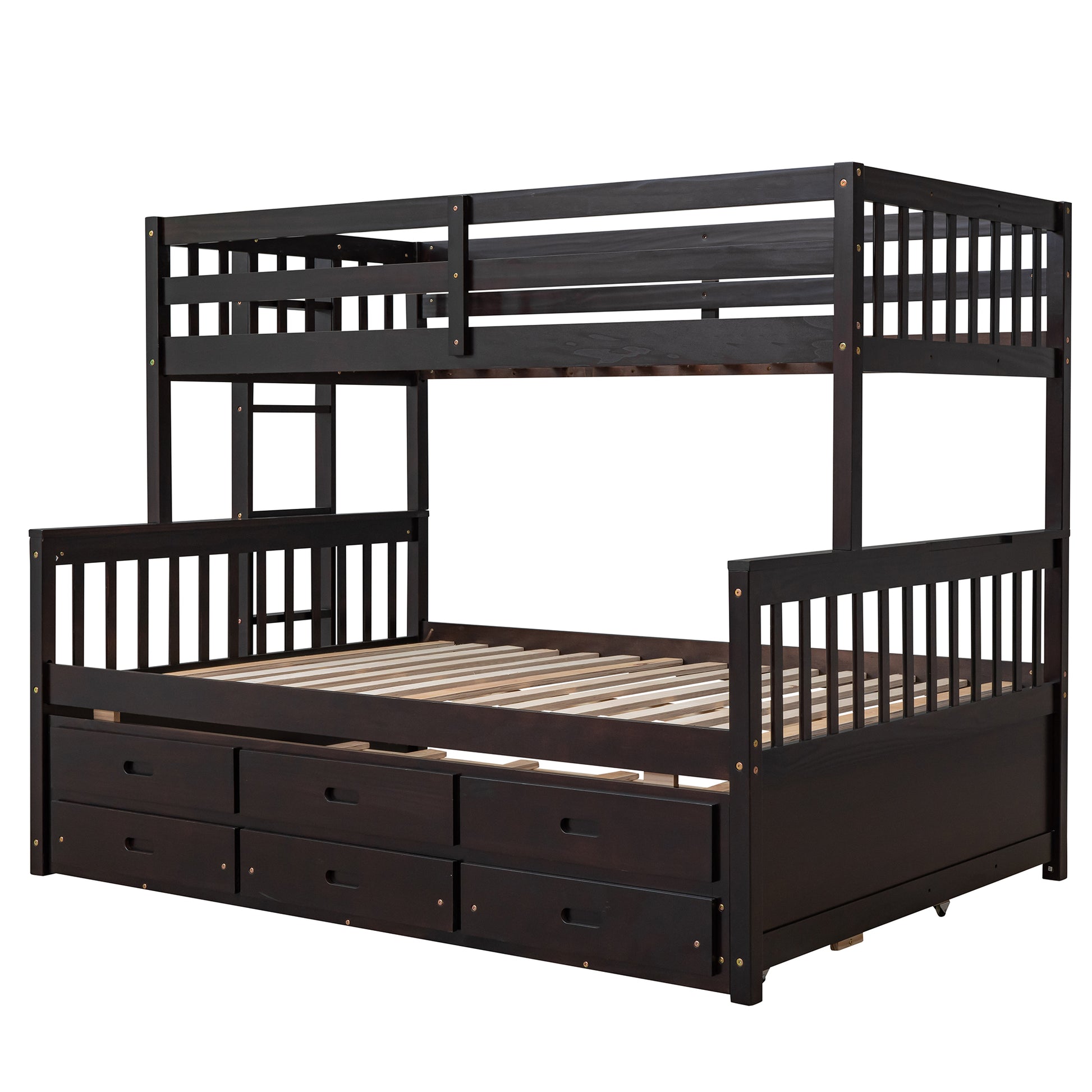 Dark brown wooden bunk bed with six storage drawers underneath