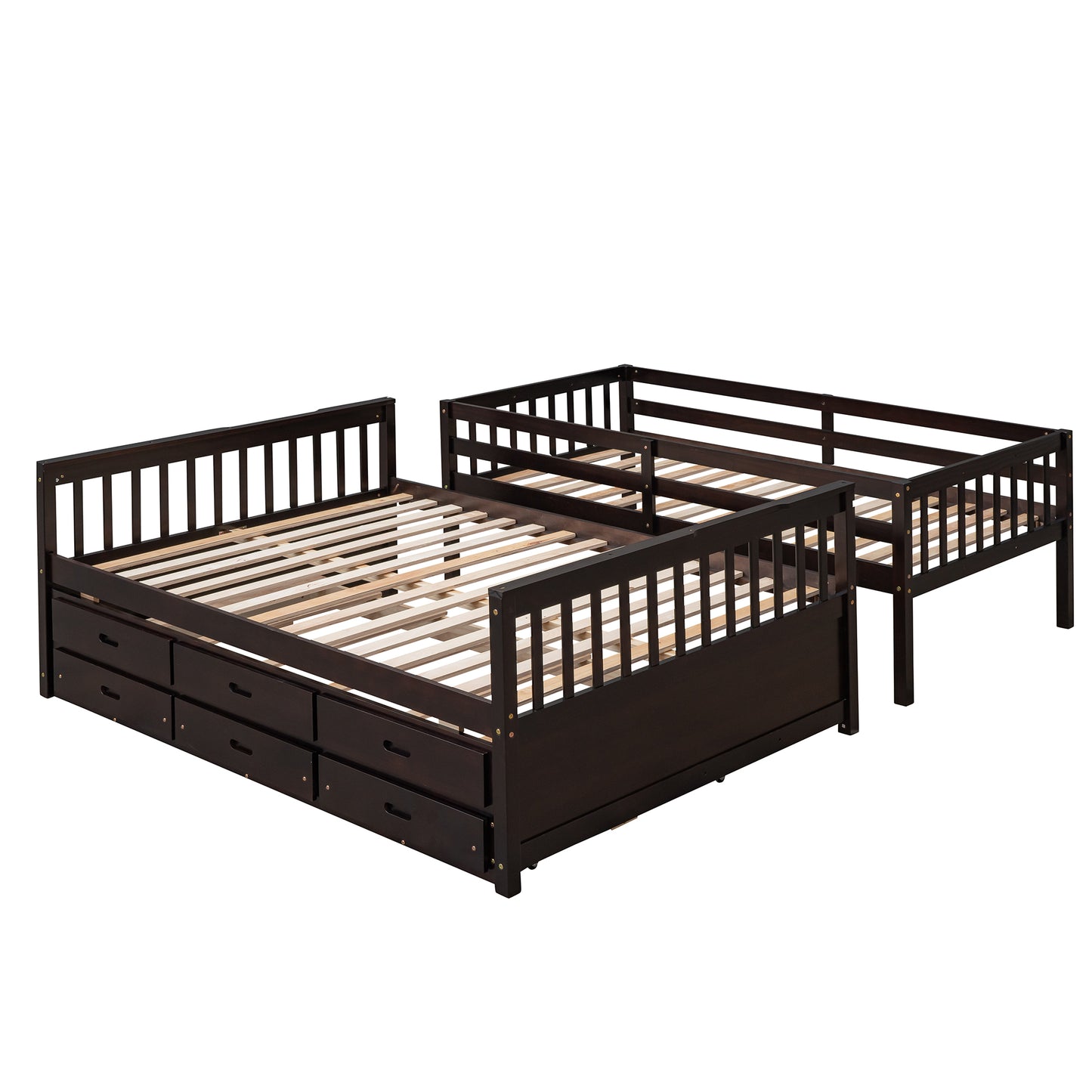 Dark brown twin over twin bunk bed with drawers