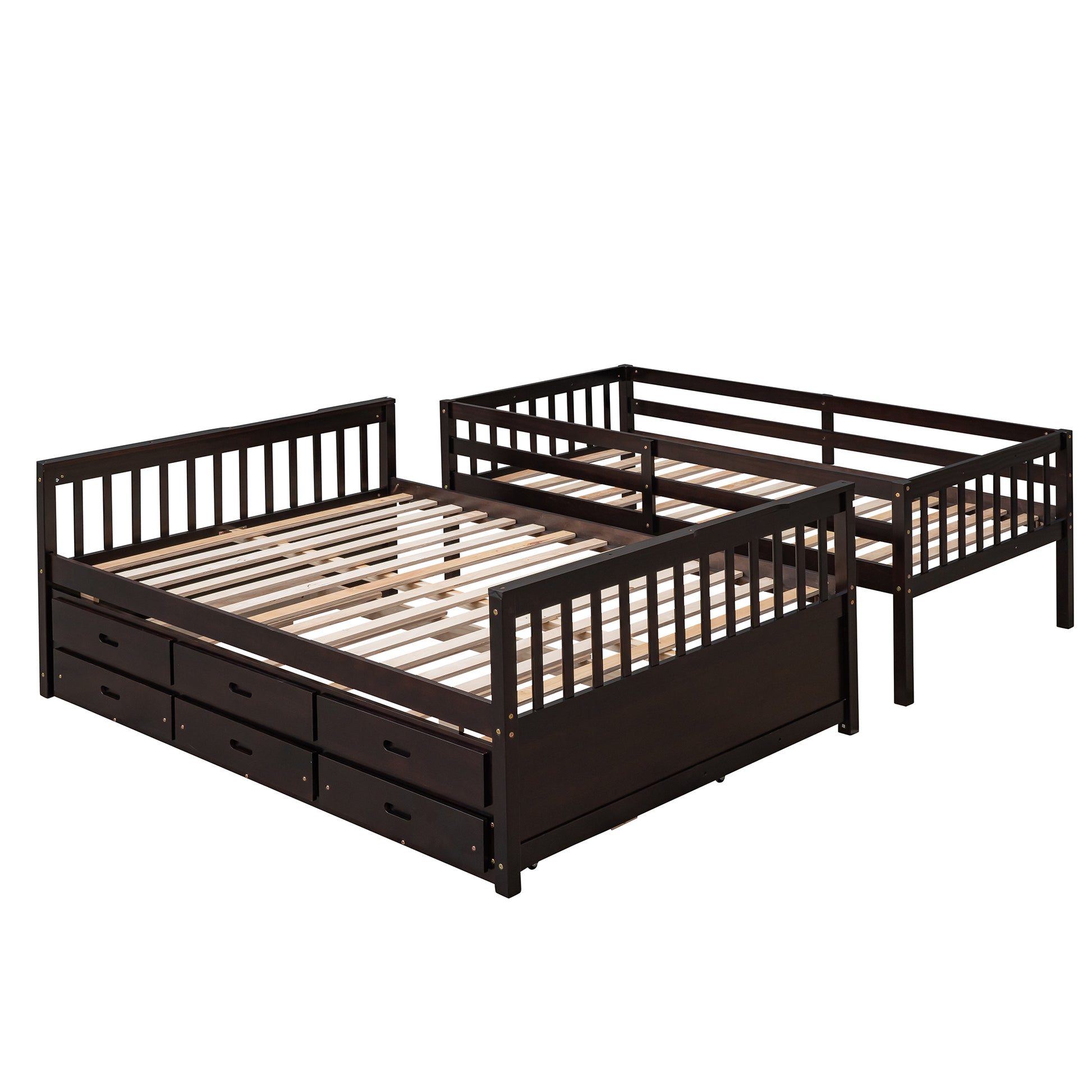 Dark brown twin over twin bunk bed with drawers