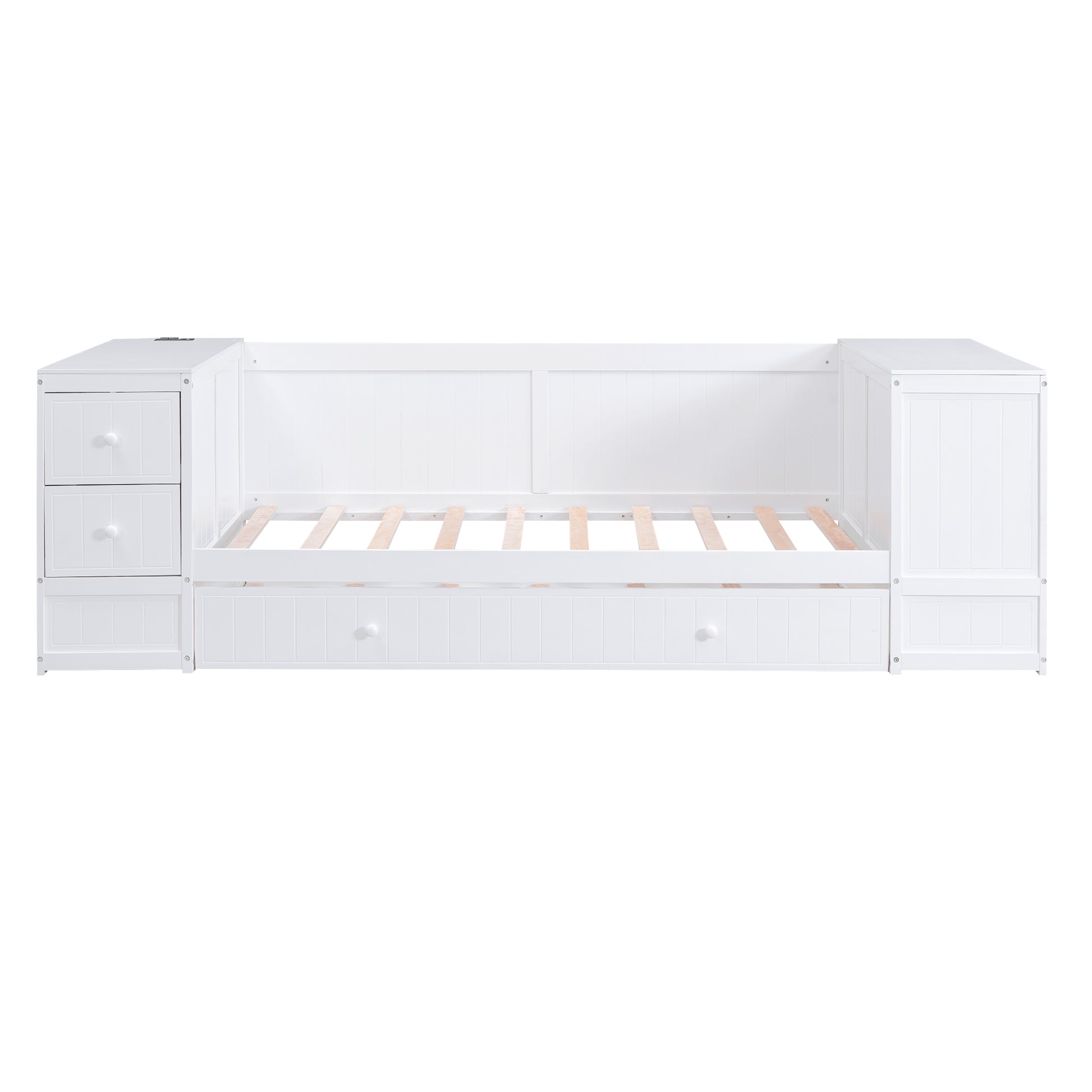 White wooden daybed with two drawers on the left