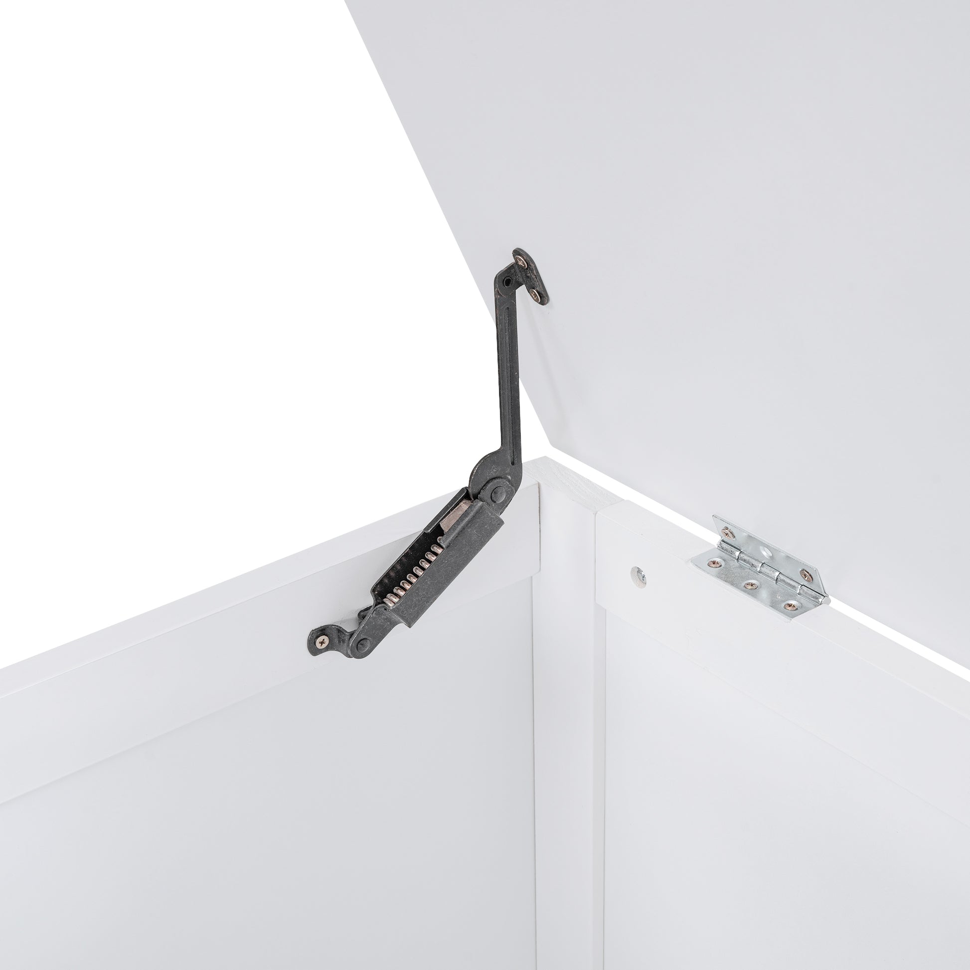 Black metal lid support hinge for white storage chest