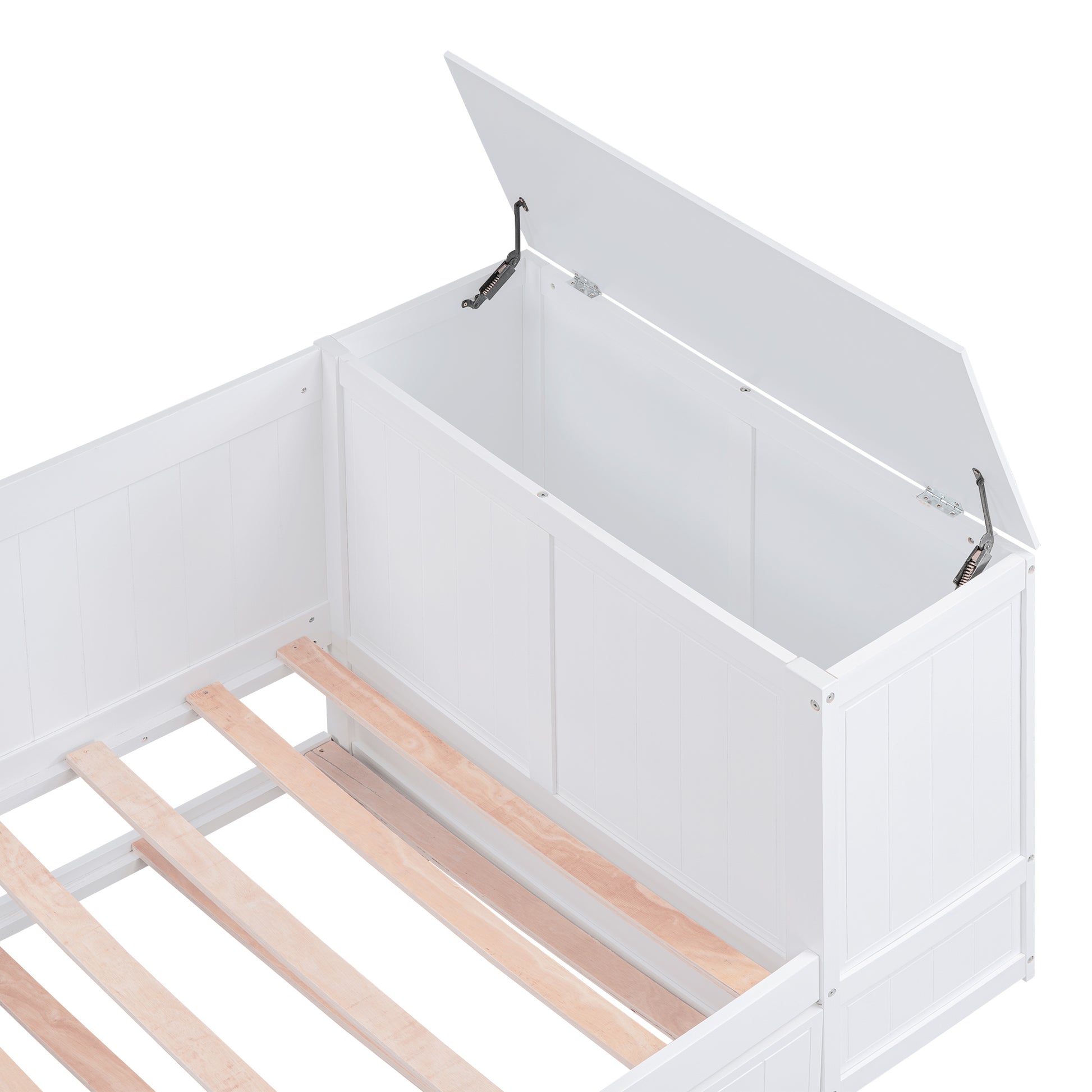 White wooden daybed with open storage compartment and slats