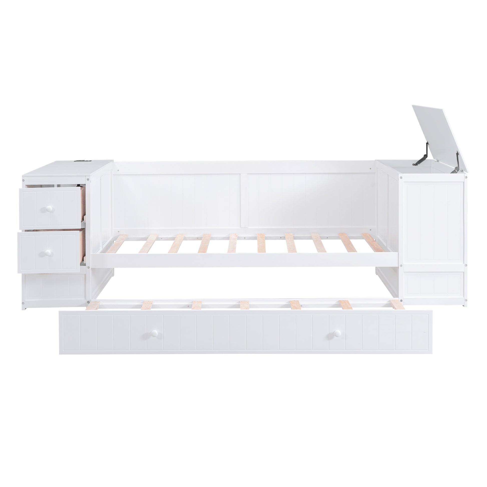 White wooden daybed with trundle and storage drawers on sides