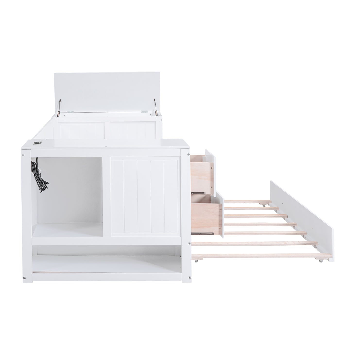 White wooden loft bed frame with stairs and storage drawers