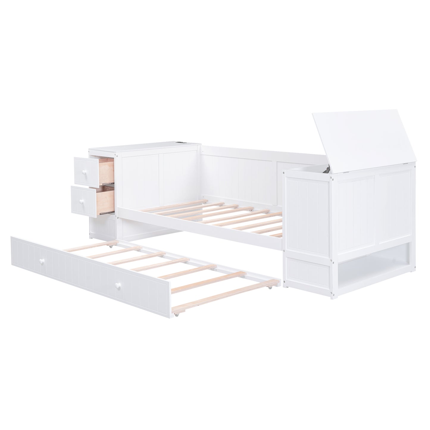 White wooden daybed with pullout trundle and storage drawers