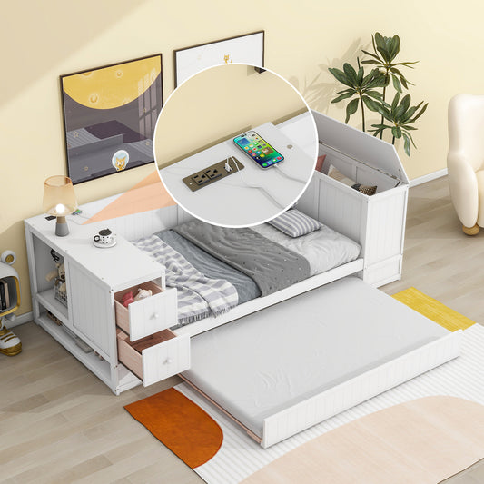 White twin daybed with pullout trundle and builtin charging station