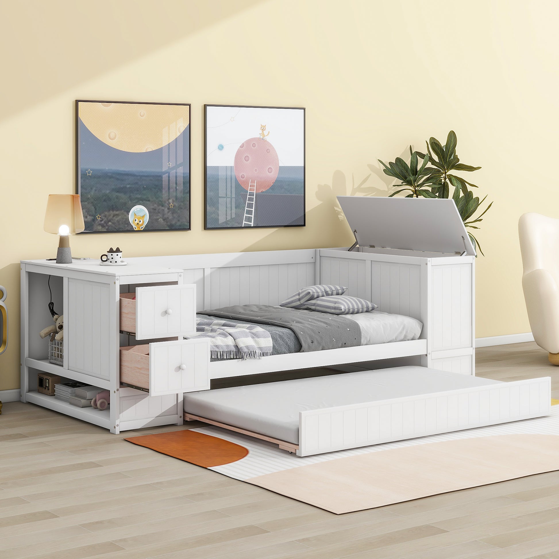 White twin daybed with pullout trundle and storage drawers