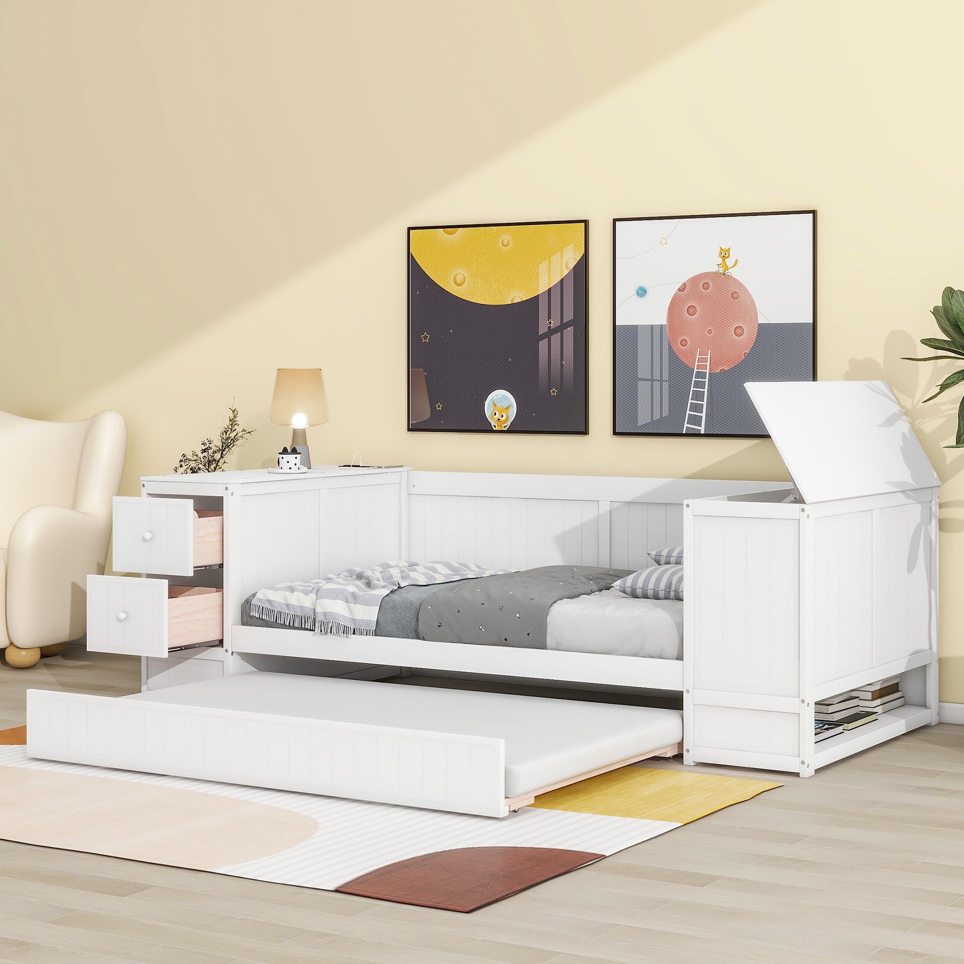 White wooden daybed with pullout trundle and storage drawers