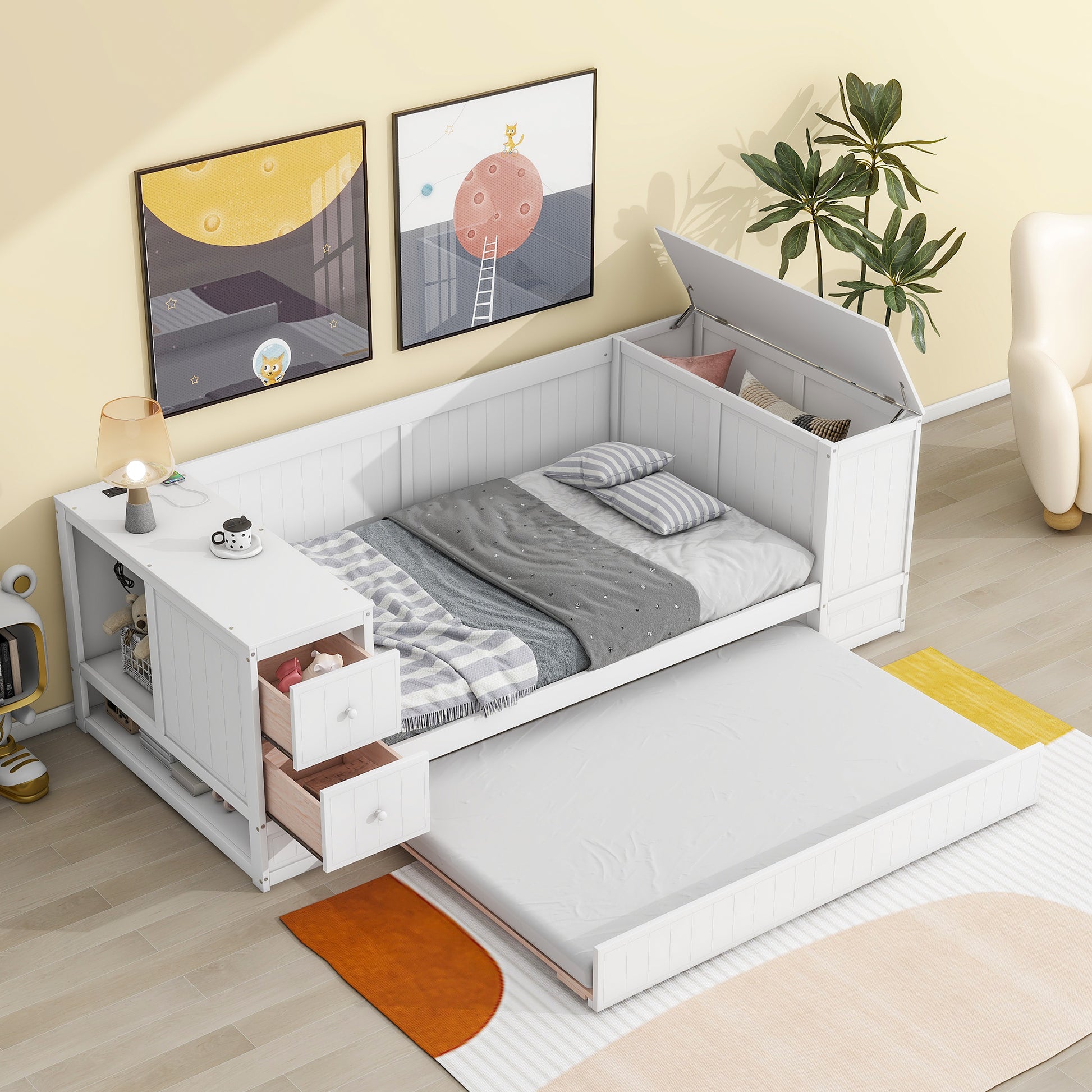 White wooden daybed with trundle and storage drawers