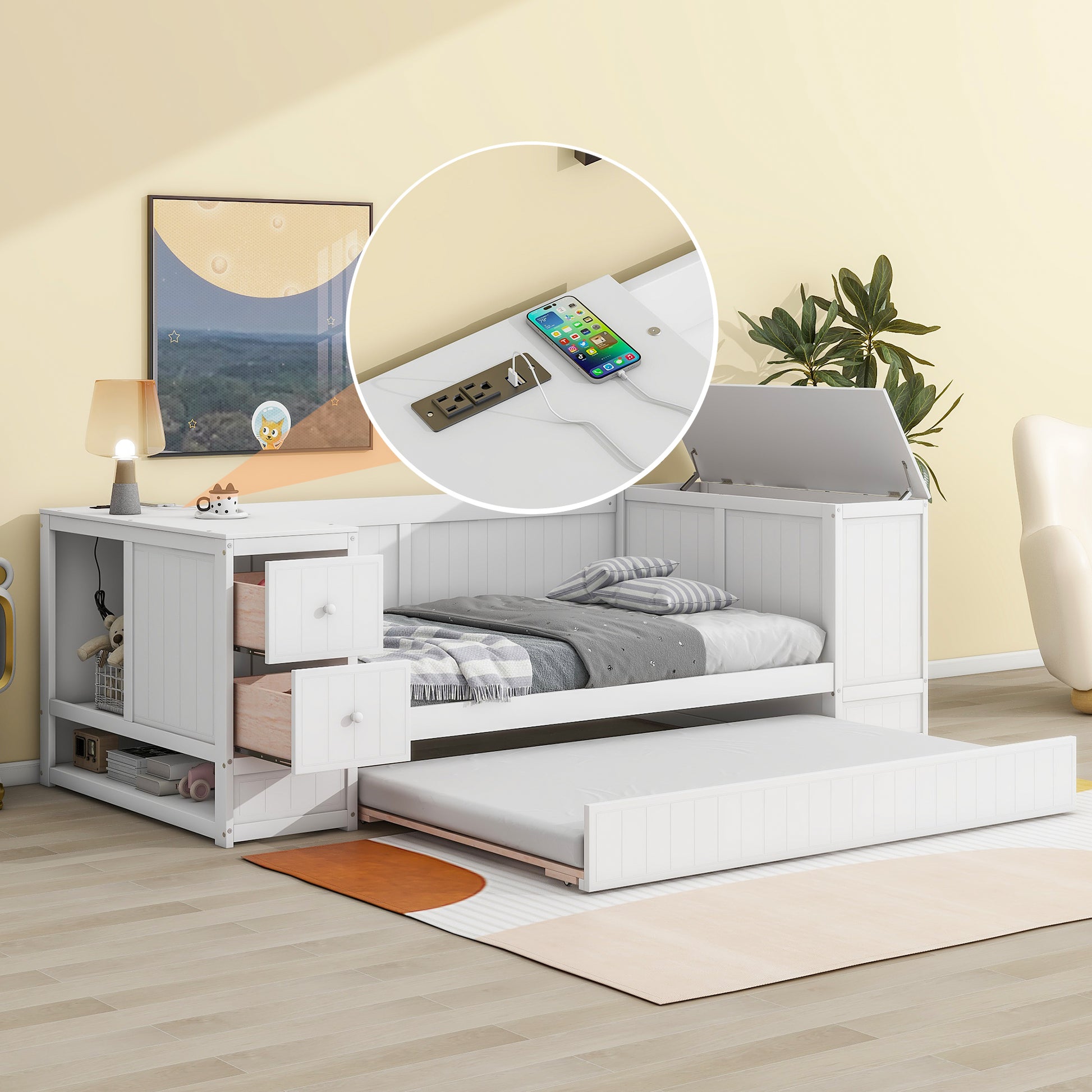 White twin daybed with trundle and builtin charging station for convenient device charging