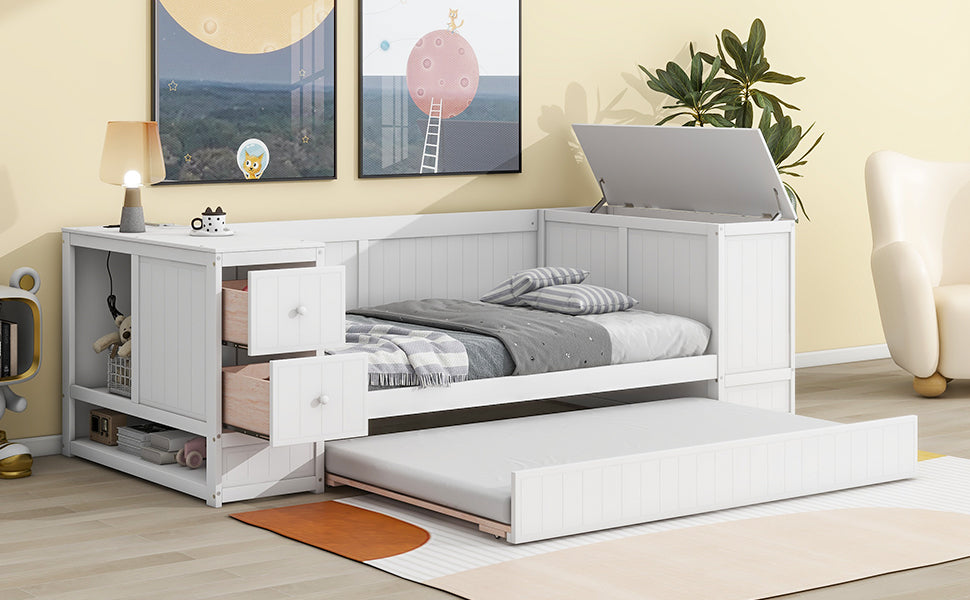 White wood twin daybed with trundle and storage drawers