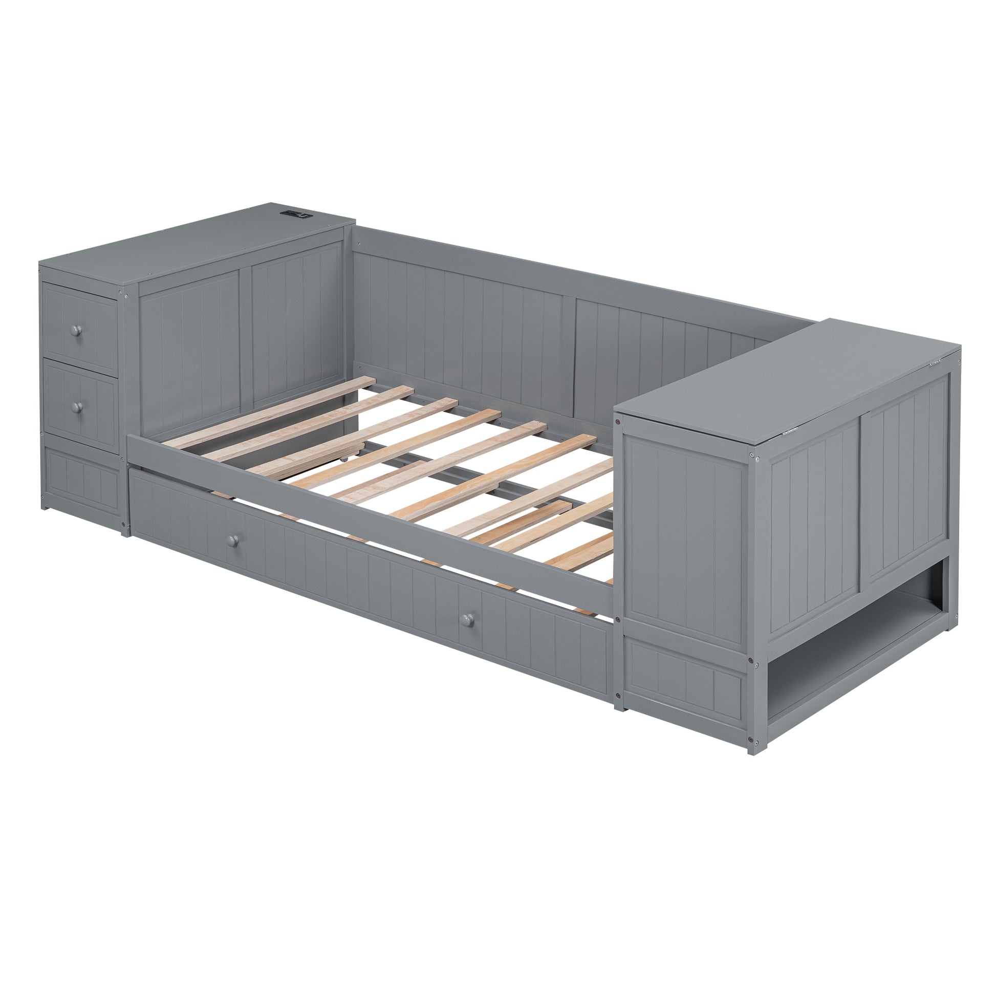 Gray wood daybed with pullout trundle and builtin storage drawers