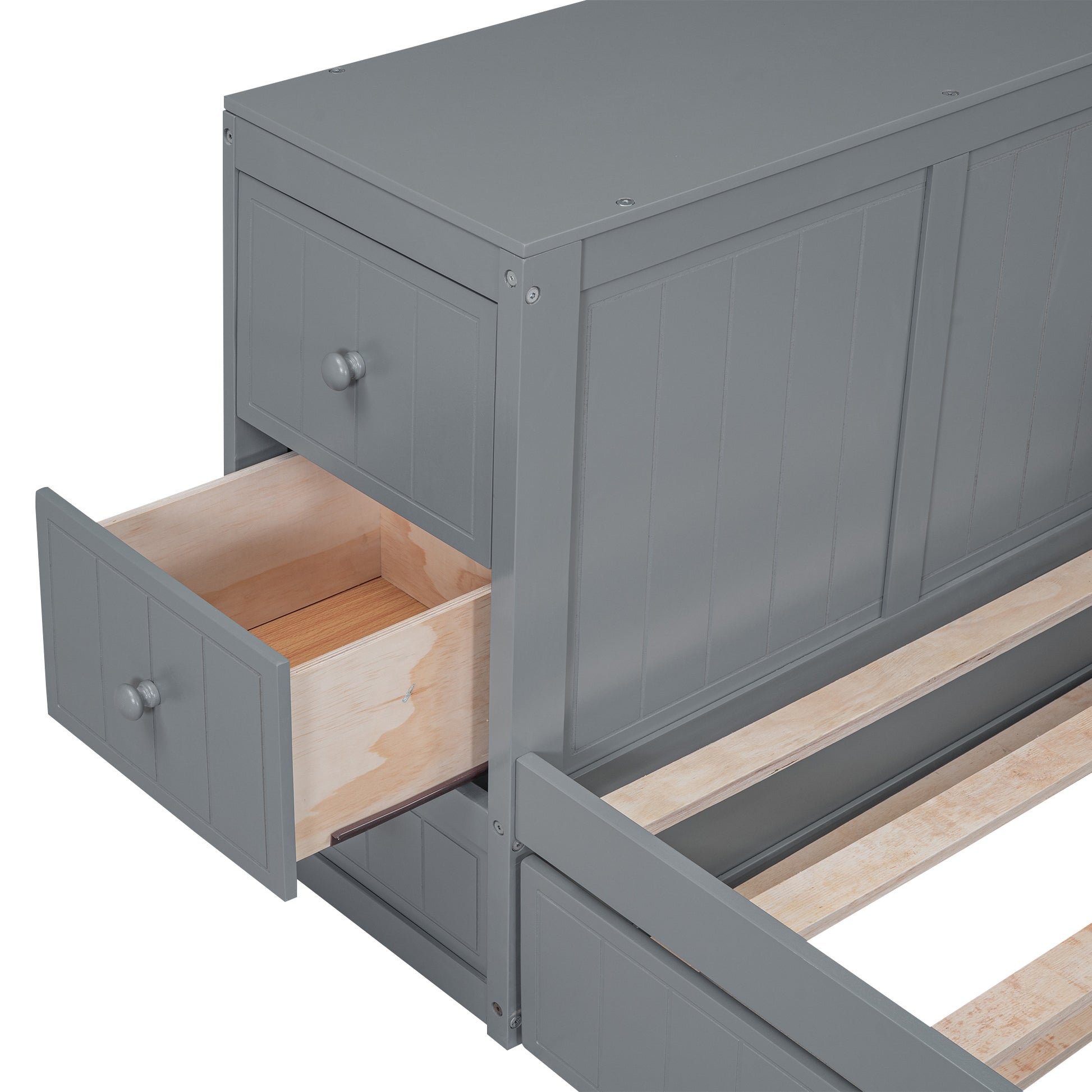 Gray wooden storage bed frame with one open drawer
