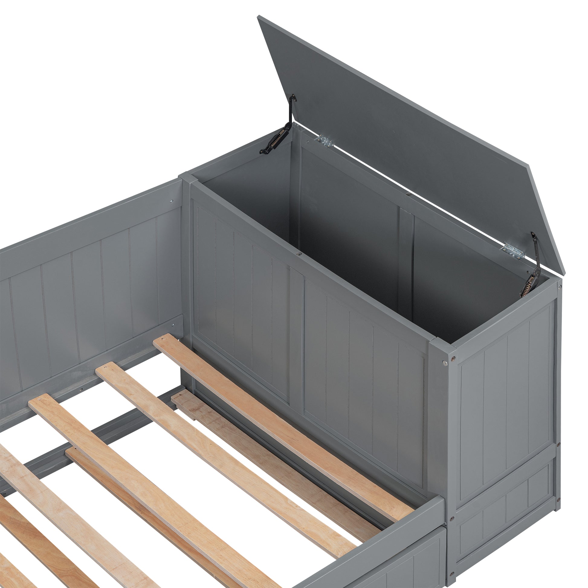 Grey wooden daybed with open storage compartment and slatted base