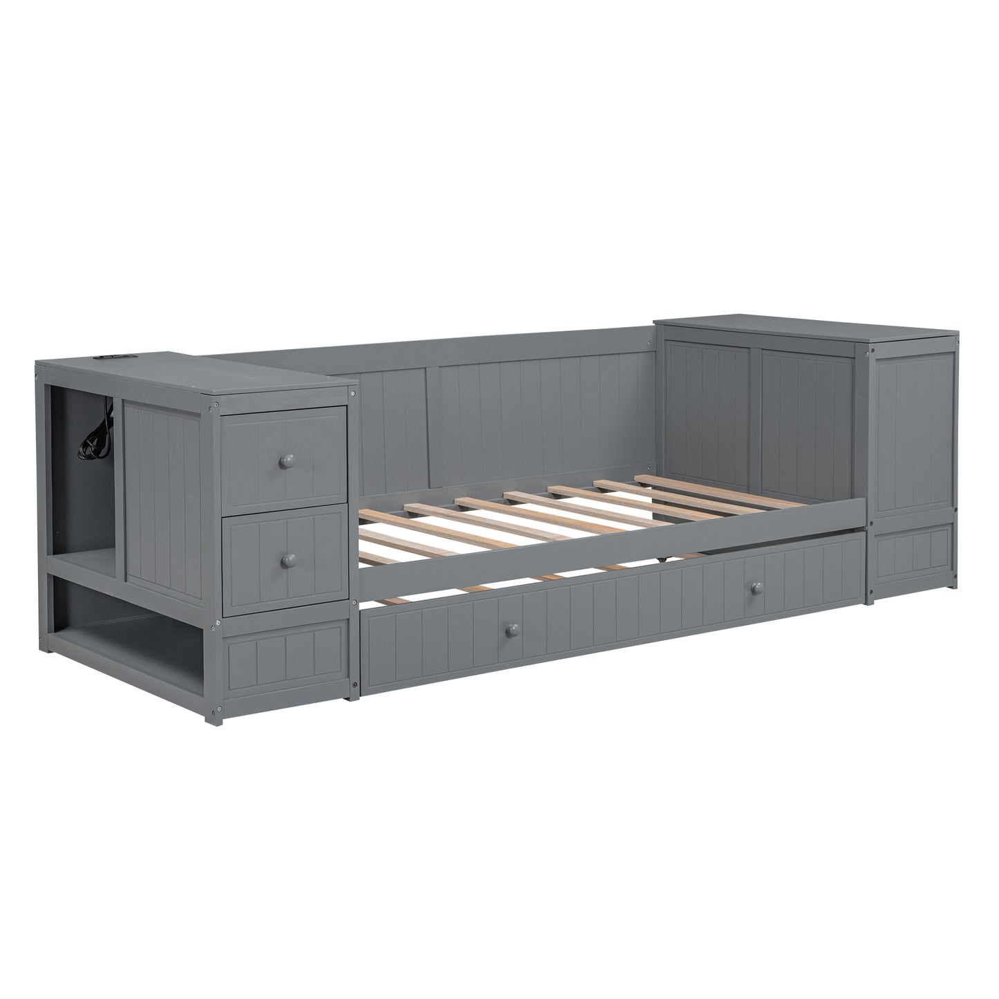 Gray wooden daybed with builtin drawers and side storage