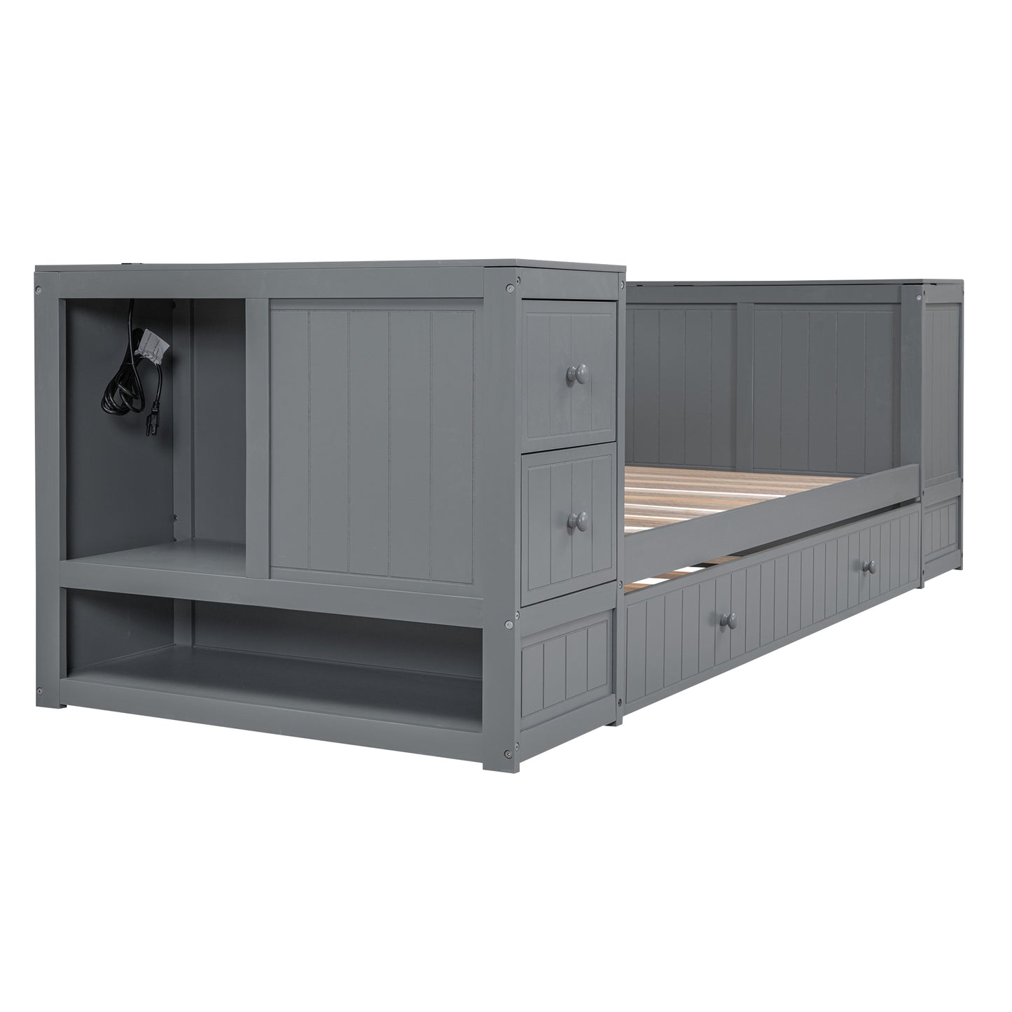 Gray wooden twin storage bed with three drawers and open shelving