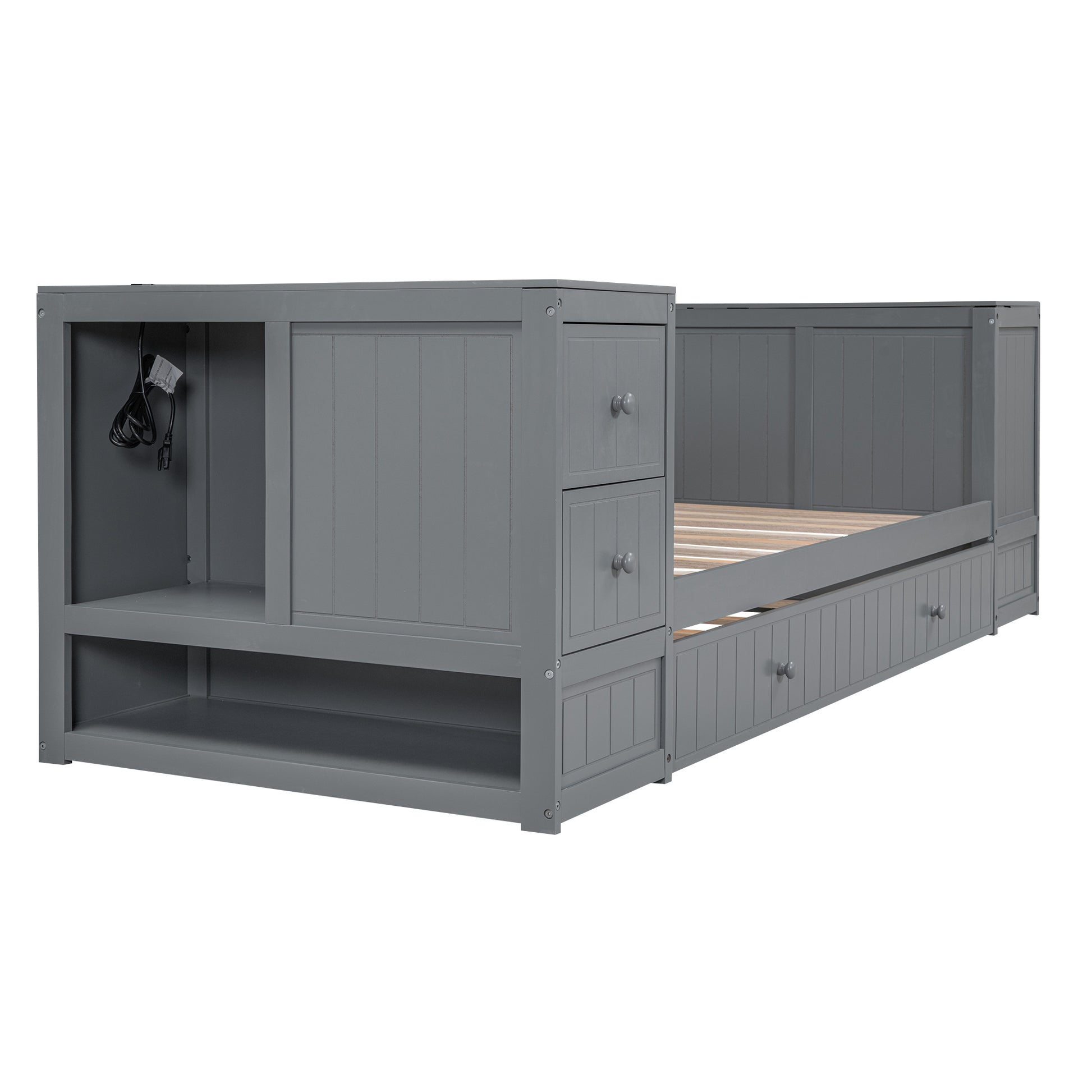 Gray wooden twin storage bed with three drawers and open shelving