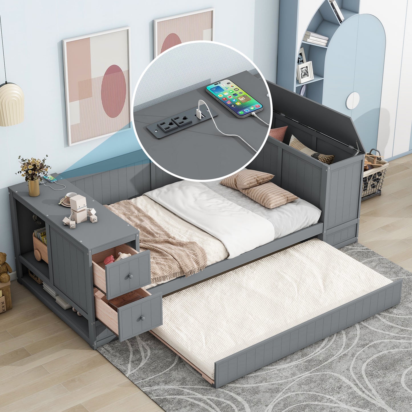 Gray daybed with pullout trundle and builtin charging station
