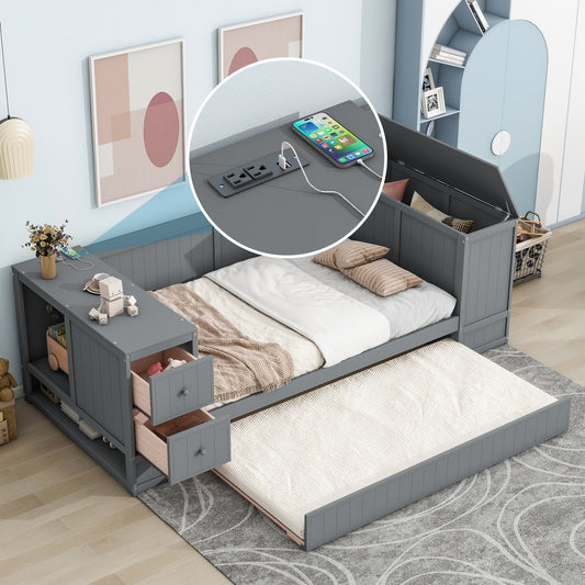 Gray daybed with pullout trundle and builtin charging station