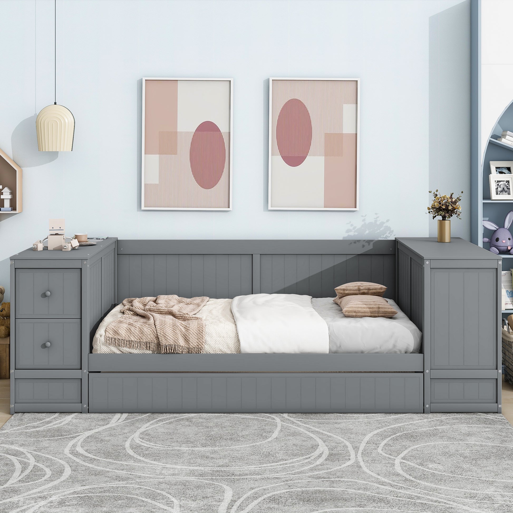 Gray upholstered daybed with builtin drawers and storage for kids room