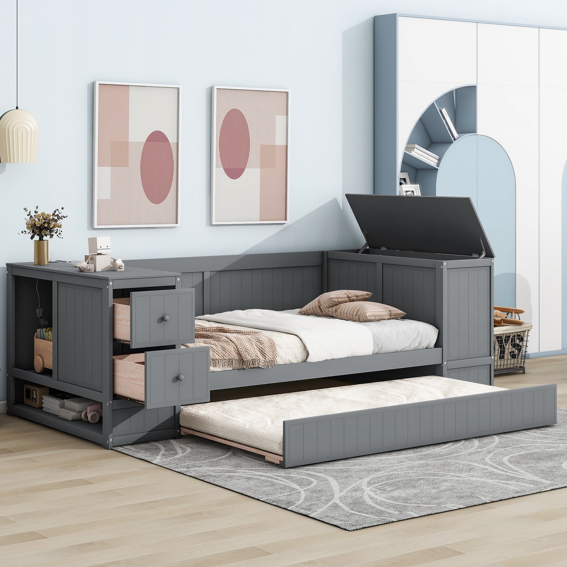Gray daybed with trundle and storage drawers