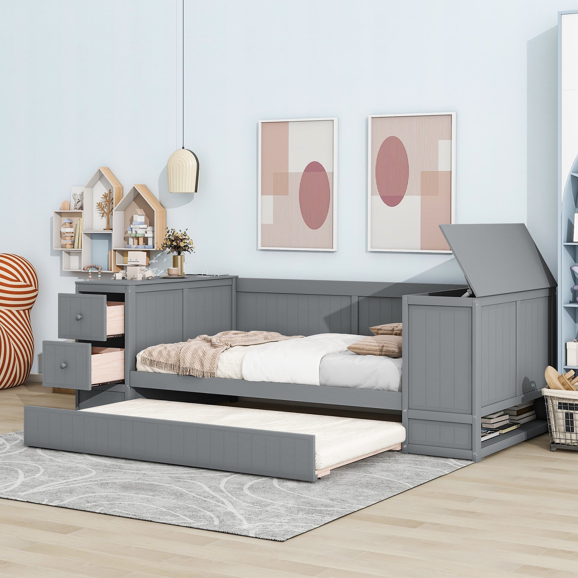 Gray wooden daybed with pullout trundle and storage drawers