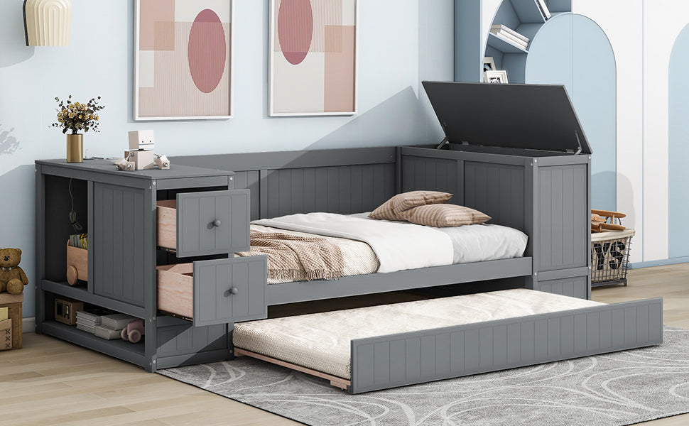 Gray daybed with pullout trundle and storage drawers for kids room