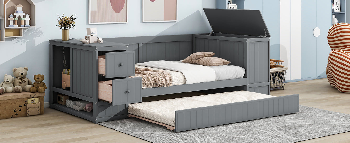 Gray wooden daybed with drawers and pullout trundle