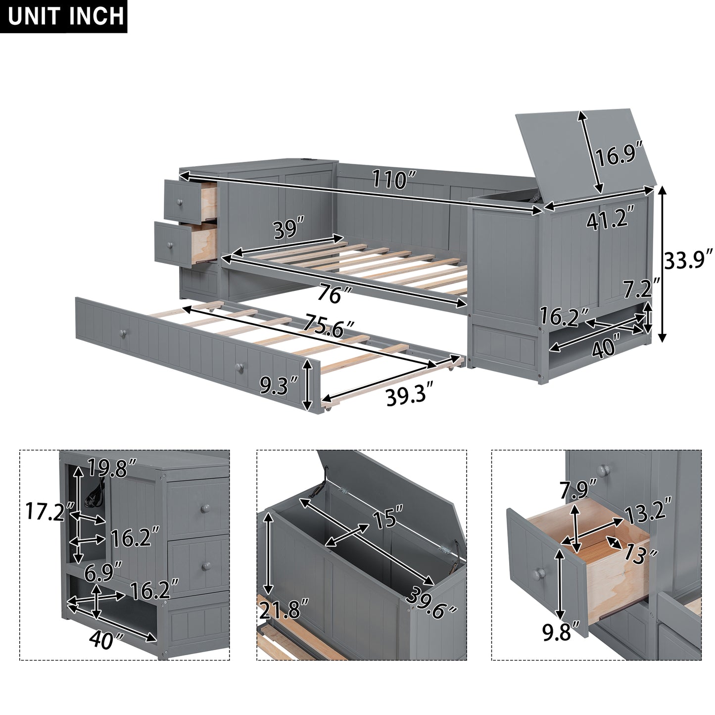 Grey wood daybed with pullout trundle and storage drawers