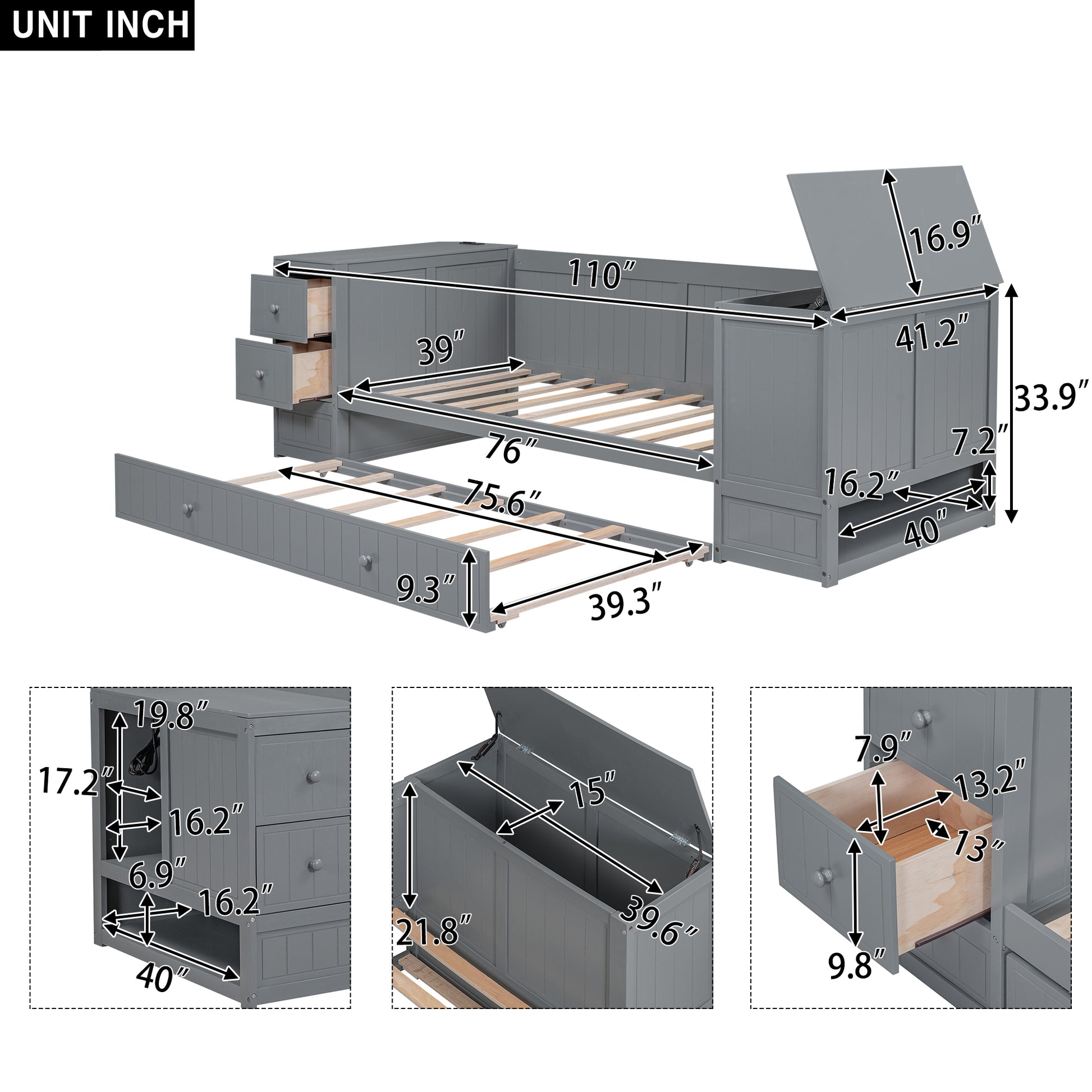 Grey wood daybed with pullout trundle and storage drawers