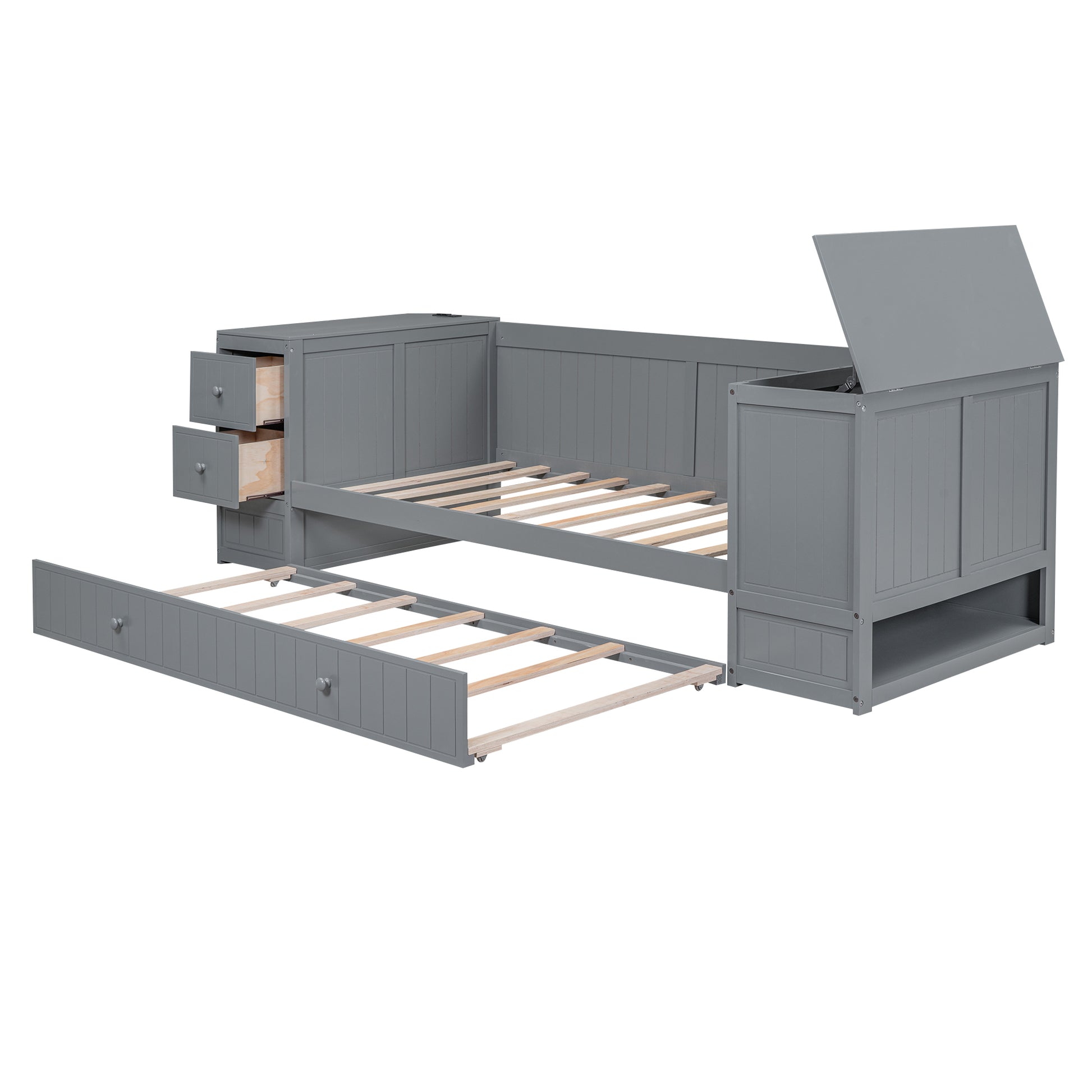 Gray wooden daybed with pullout trundle