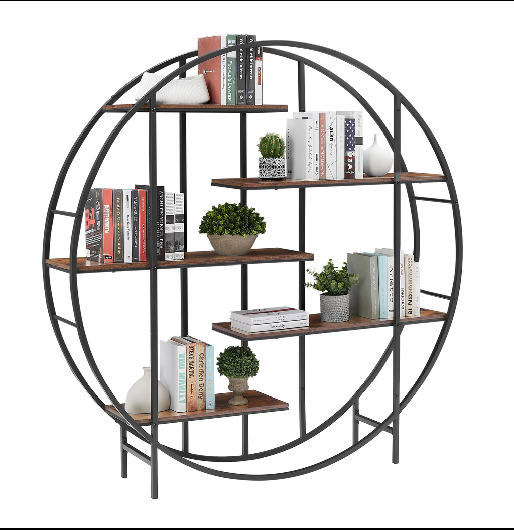 Round metal and wood bookshelf with books and decor