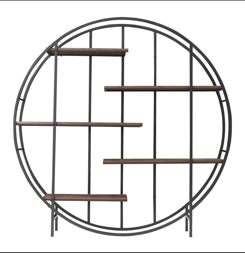 Round metal shelf unit with dark wood shelves