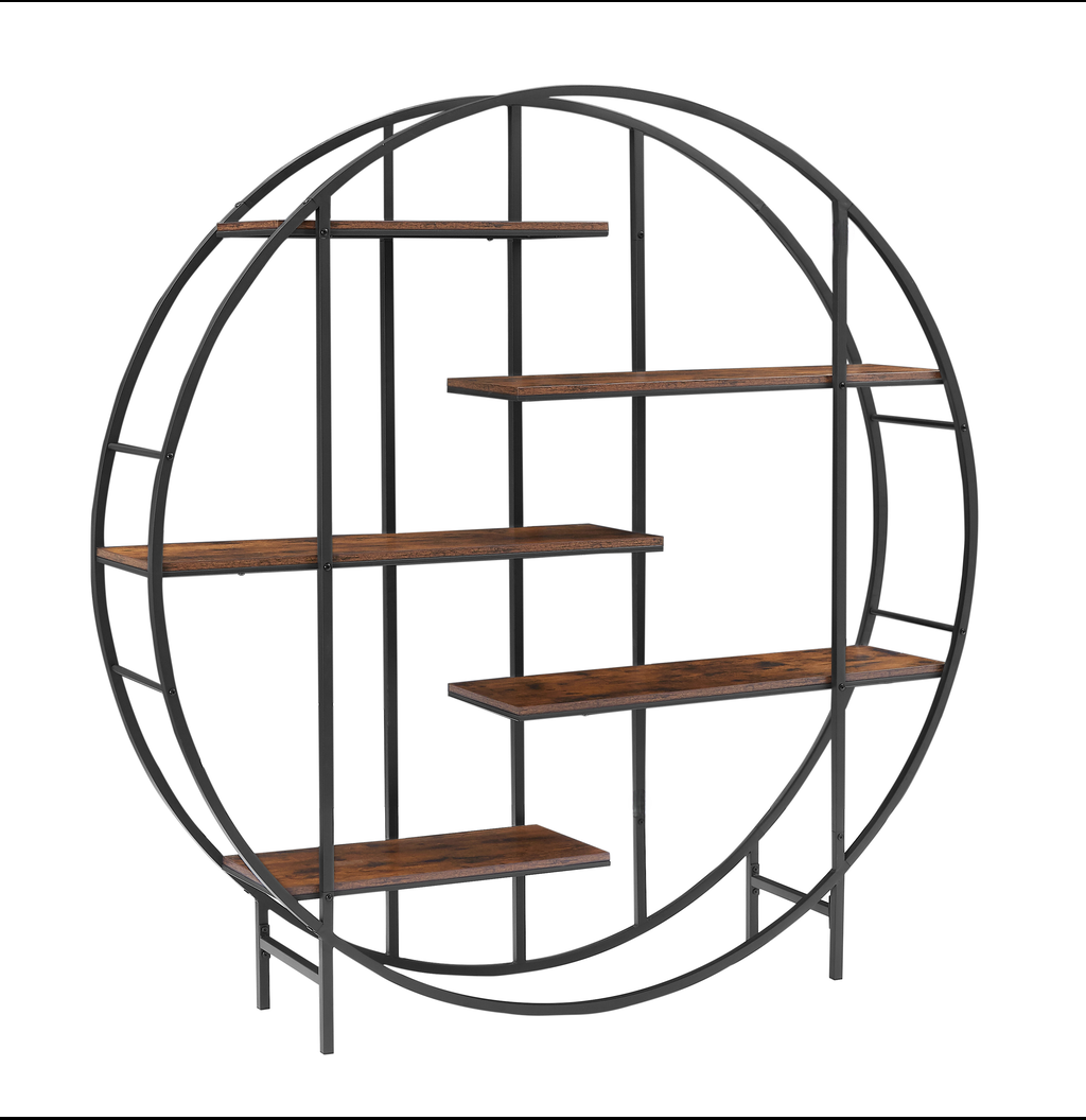 Round metal bookshelf with  rustic wood shelves
