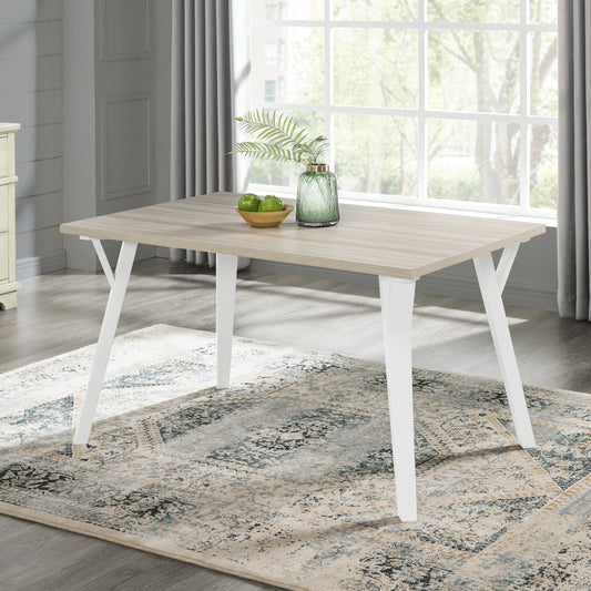 Light oak dining table with white angled legs perfect for modern kitchens