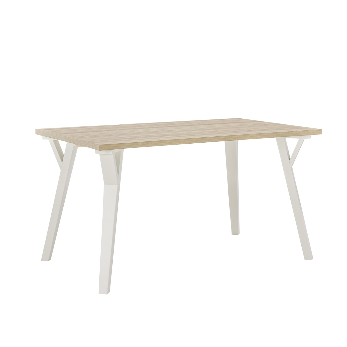 Modern dining table with light oak veneer top and white angled legs